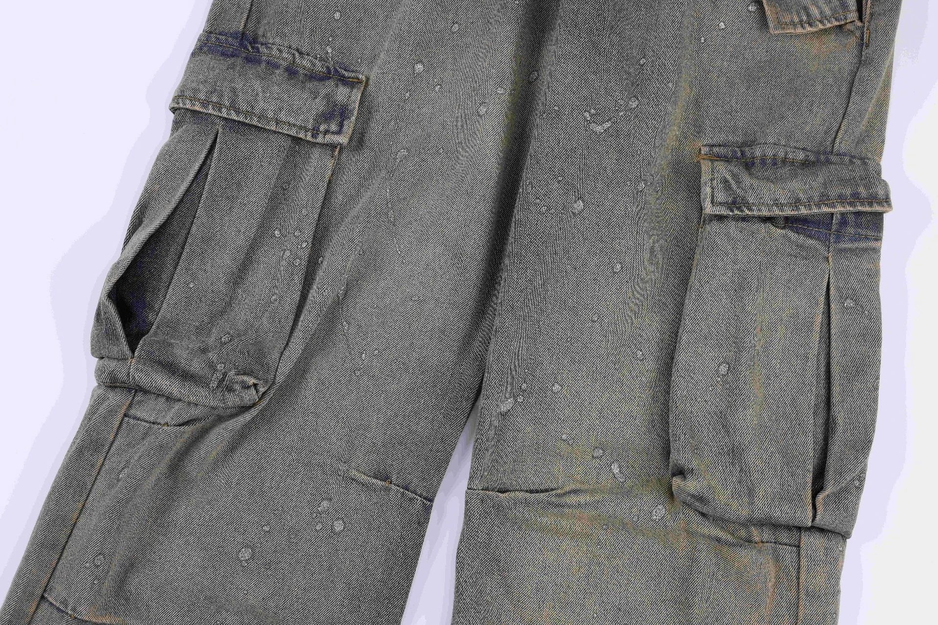 Premium cotton denim cargo trousers with a retro-inspired design, perfect for British street fashion