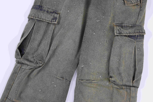 Premium cotton denim cargo trousers with a retro-inspired design, perfect for British street fashion