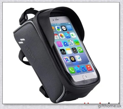 Premium waterproof bicycle handlebar bag with touch screen access, made of durable nylon and TPU carbon fabric for weather protection and convenient device control.