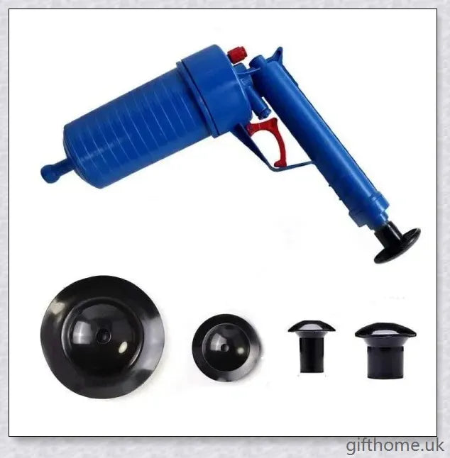 The Air Drain Blaster, a high-powered tool that uses compressed air to quickly unclog sinks, tubs, and toilets without harmful chemicals.