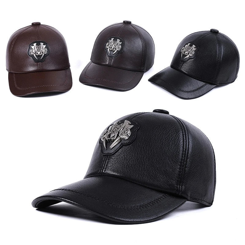 Premium leather peaked cap in black and brown for men and women, featuring an adjustable, breathable, and windproof design for casual wear.