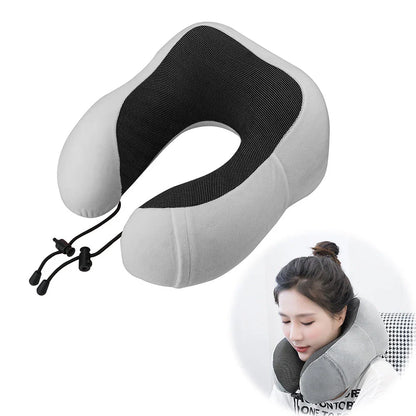 Premium memory foam travel pillow with soft cotton cover, designed for comfortable neck and spinal support during travel and relaxation