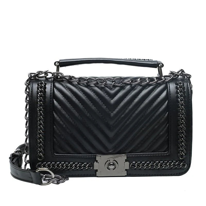 Fashionable leather messenger bag with chain strap in a range of vibrant colours, designed for style and functionality