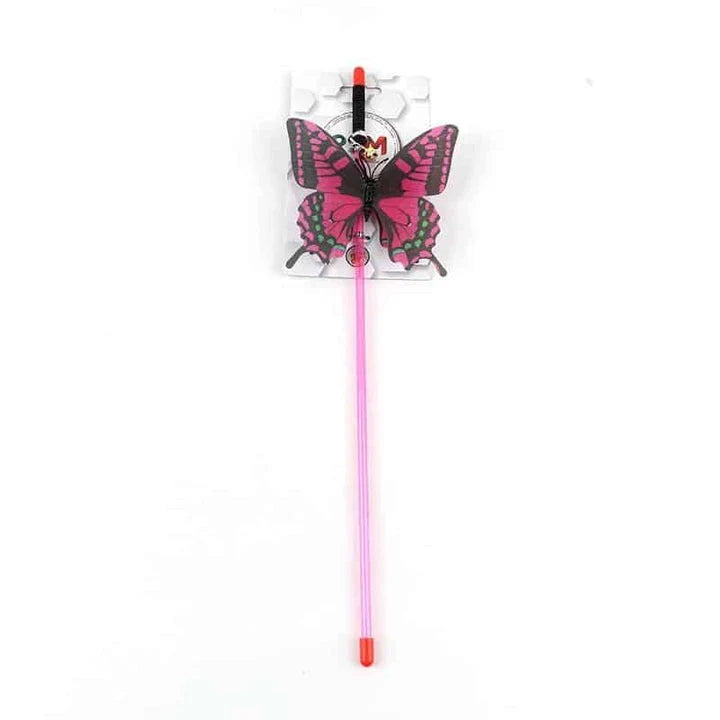 A colourful cat toy in the shape of a butterfly on a stick, designed to engage and entertain your feline friend.