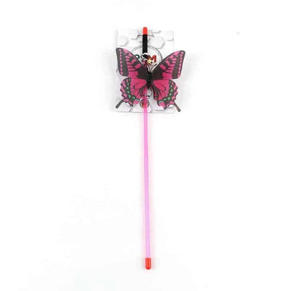 A colourful cat toy in the shape of a butterfly on a stick, designed to engage and entertain your feline friend.