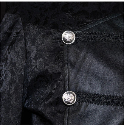 Black stand collar leather gothic cape coat with a flowing, dramatic silhouette
