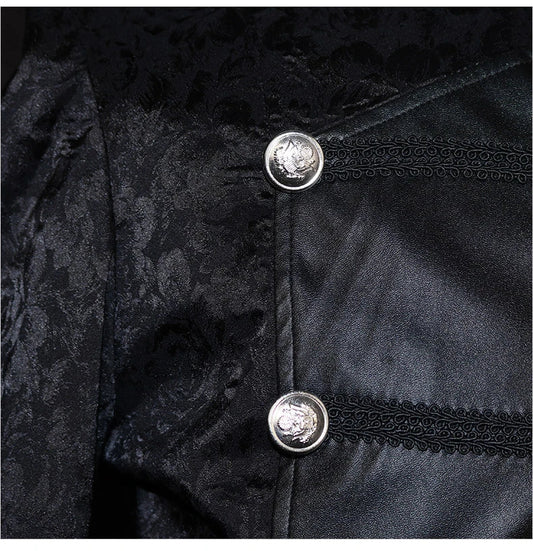 Black stand collar leather gothic cape coat with a flowing, dramatic silhouette