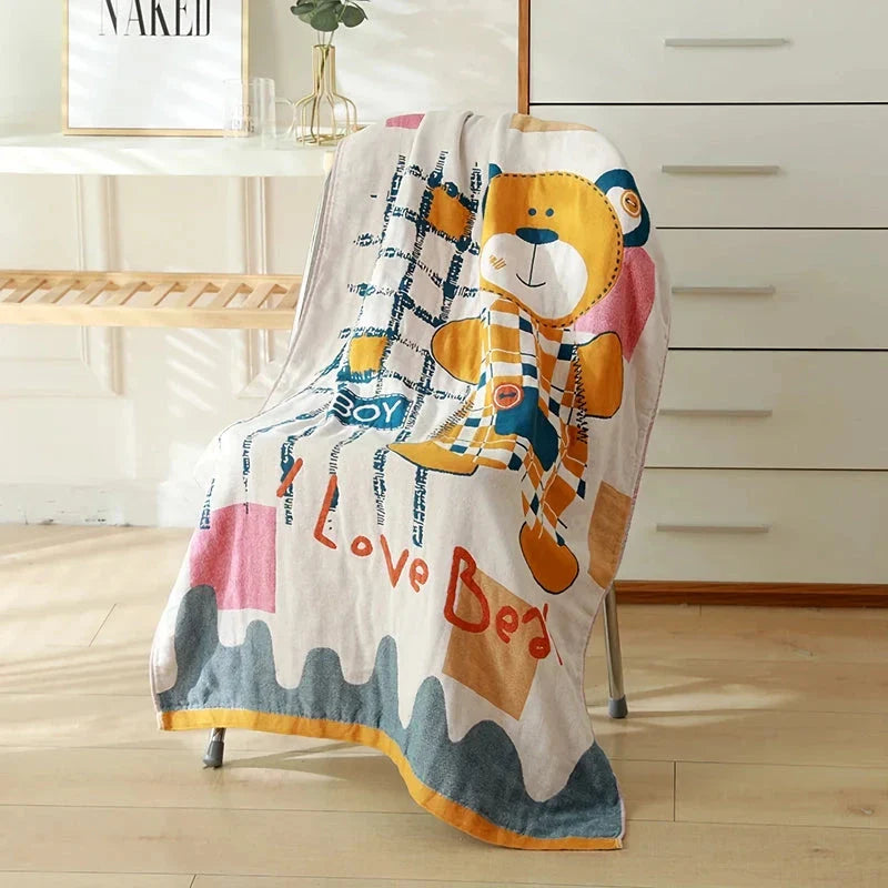 Luxuriously soft and quick-drying cartoon bath towel with 5-layer gauze cotton construction