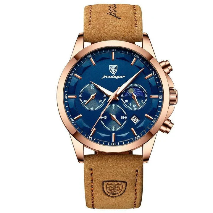 Premium Quartz Chronograph Sports Watch with stainless steel case, luminous hands, and adjustable leather strap