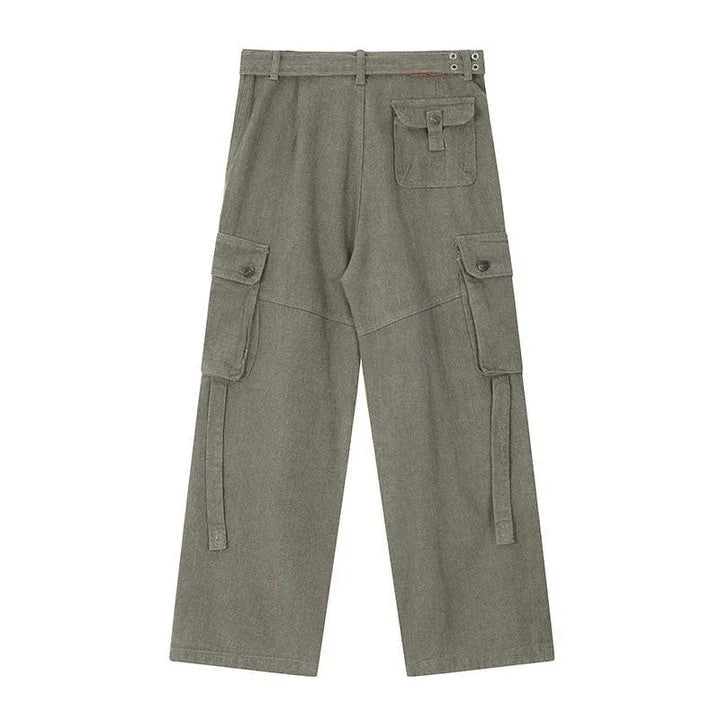 Premium purple streetwear cargo jeans with multiple pockets, wide-leg silhouette, and zippered placket for adjustable fit