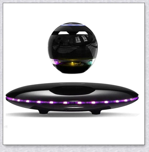 Levitating Bluetooth speaker with colourful lights, creating a mesmerising audio experience