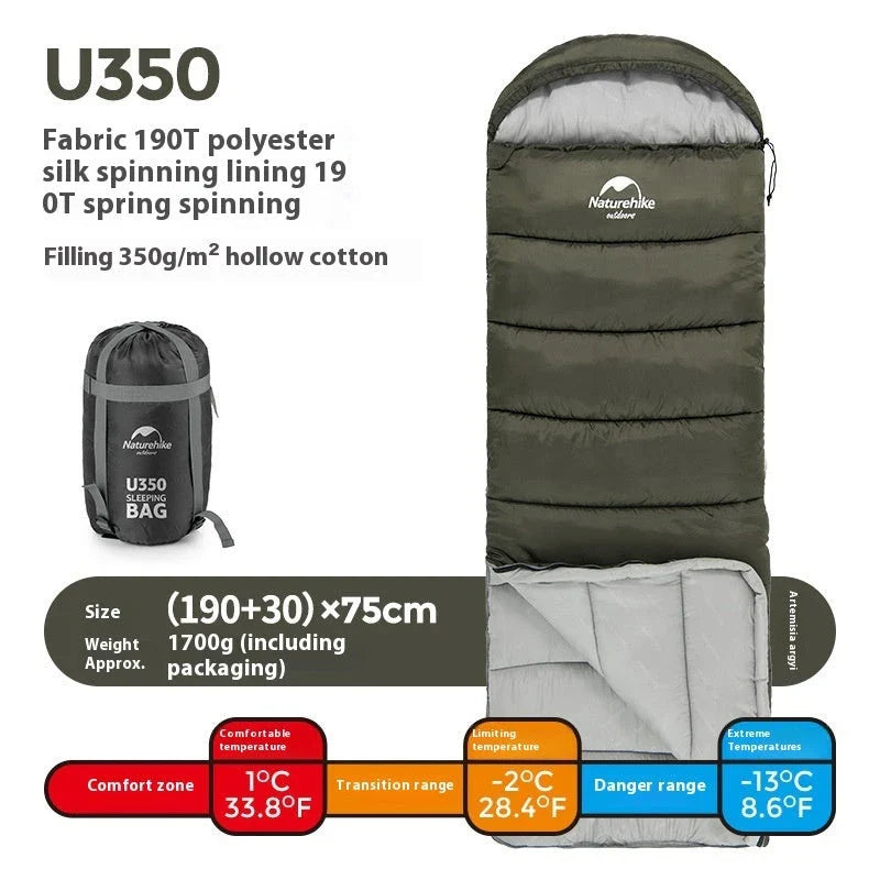 Naturehike Luxury Down-filled Sleeping Bag for Outdoor Camping in Hollow Cotton/Clay Gray, Hollow Cotton/Moxa Leaf Green, and Down Cotton/Sky Blue colours
