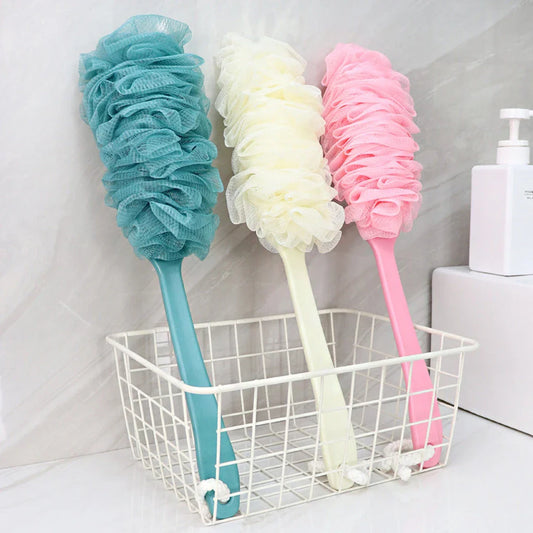 Long-handled soft mesh bath and shower brush with wave-shaped design for easy reach and gentle exfoliation