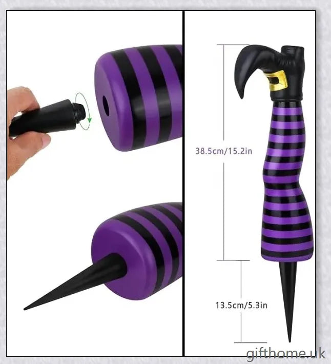 Animated witch legs in various colours, including purple, yellow, and black and white, kicking and moving to create a spooky Halloween display