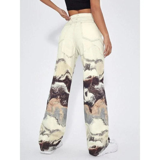 Stylish tie-dye wide-leg high-waist jeans in various sizes, featuring a unique colorblock design and premium denim fabric.