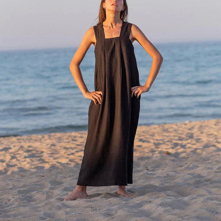 Elegant square collar sleeveless midi sundress in a flowing A-line silhouette, made of breathable cotton-linen blend fabric