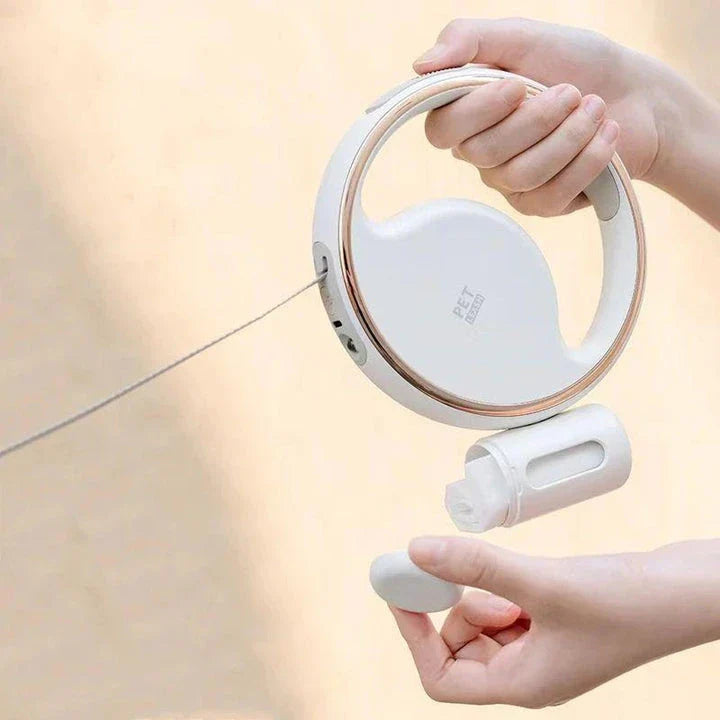 A 3m retractable dog leash with a built-in flashlight and waste bag holder, designed for convenient and safe dog walking.