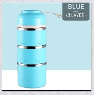 Insulated Hot Food Thermos Lunchbox Tower with multi-layer design and choice of green, pink, blue, or gray colour