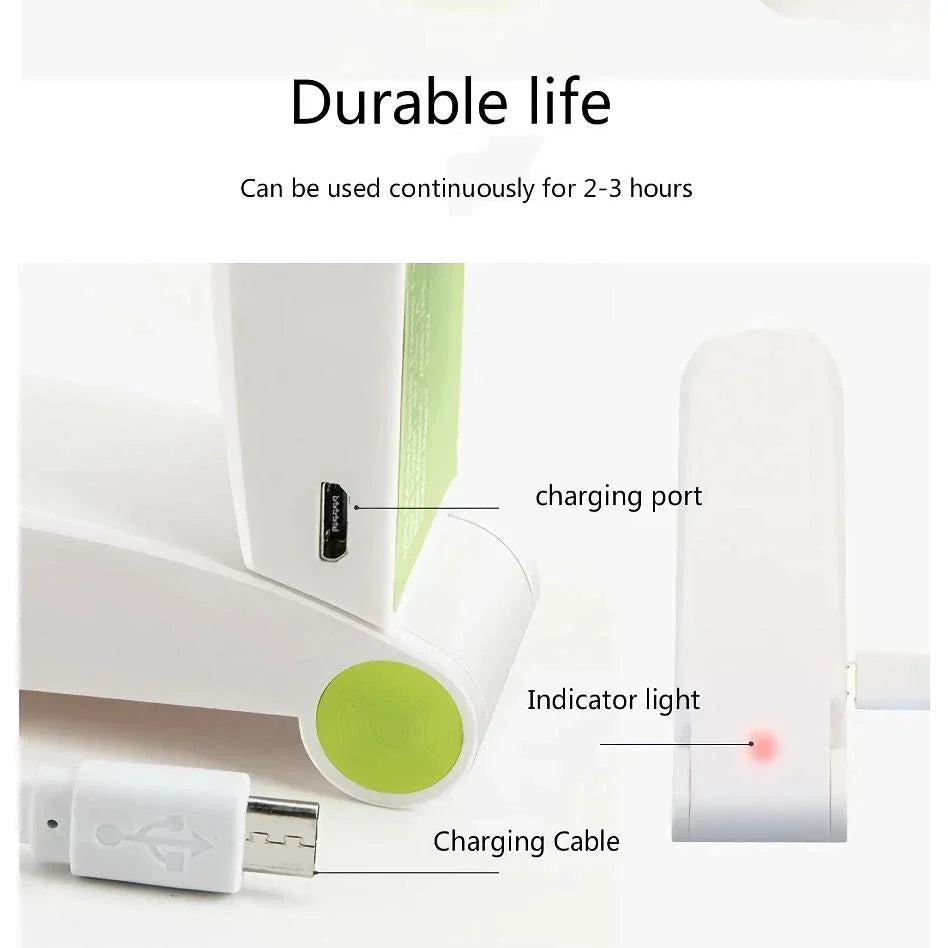 Compact rechargeable handheld fan in pink and green colours, providing powerful cooling on the move