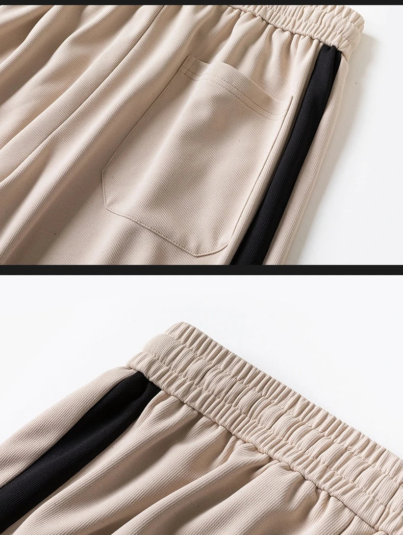 Comfortable striped straight-leg casual trousers in various colours and sizes