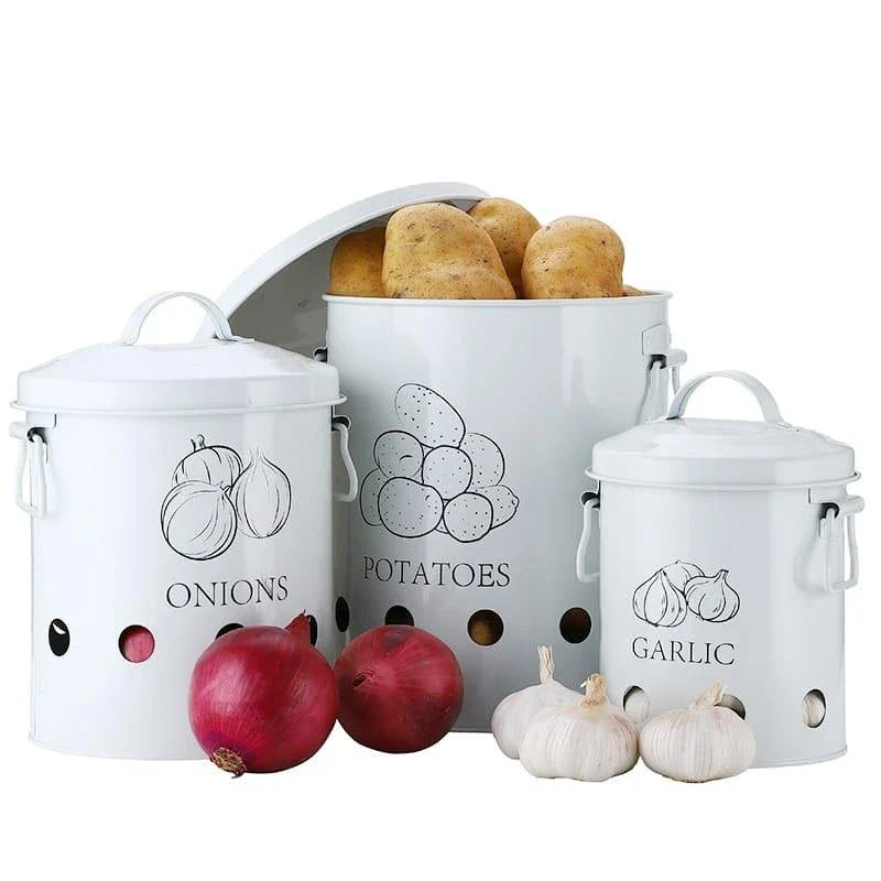 Premium metal storage containers with perforated sides for ventilation and built-in handles for easy transport