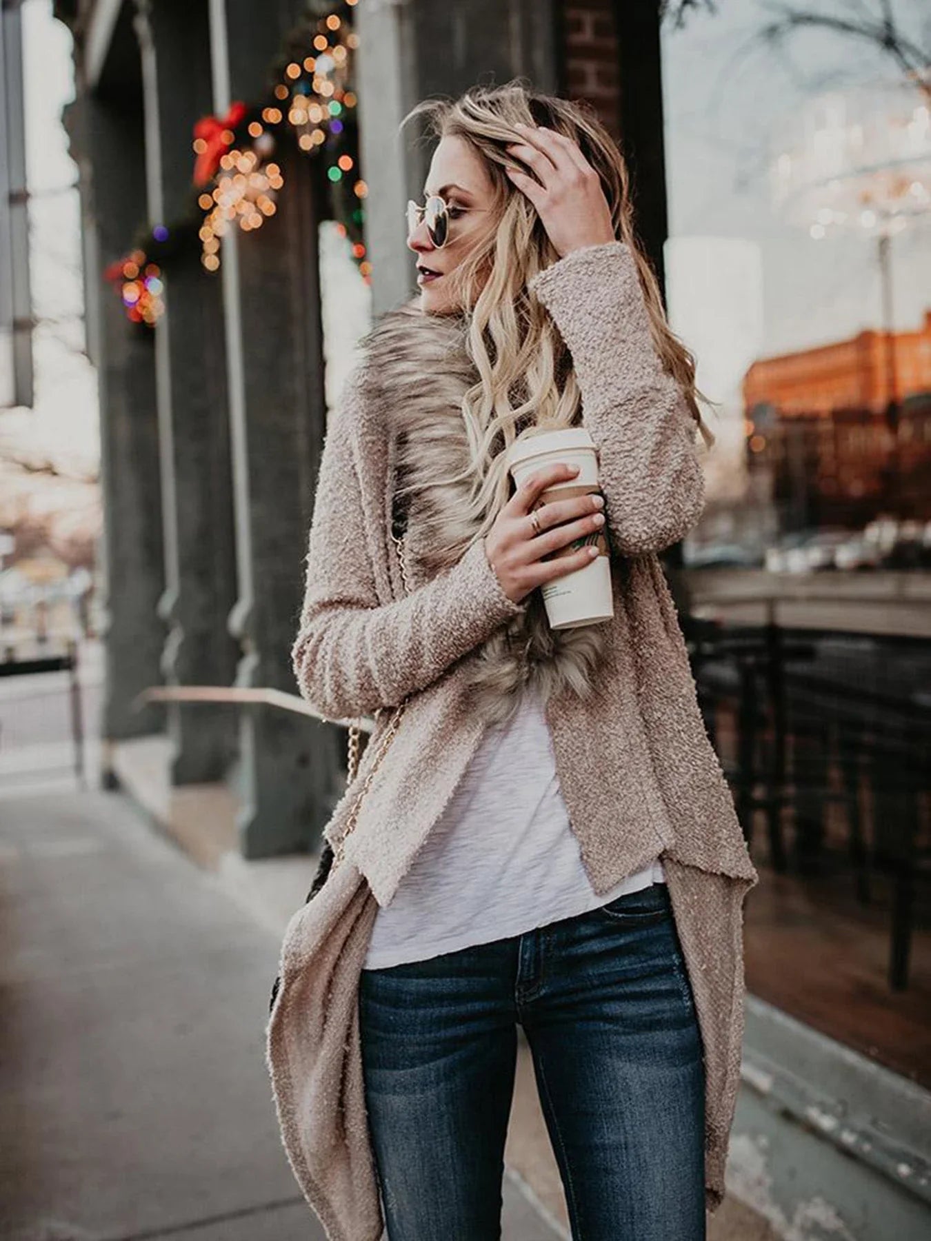 Luxurious plush trench coat in khaki colour with detachable faux fur collar, perfect for the British winter weather