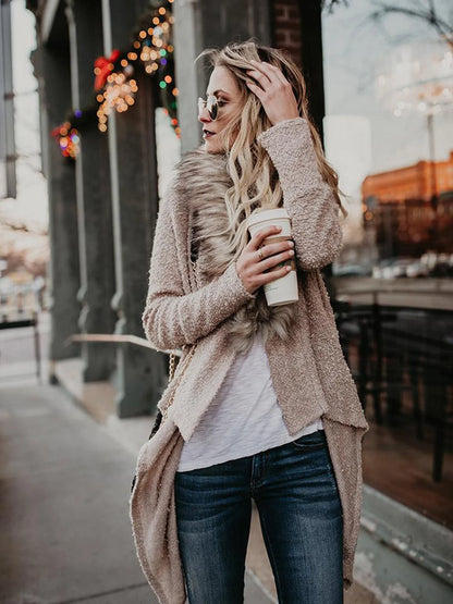 Luxurious plush trench coat in khaki colour with detachable faux fur collar, perfect for the British winter weather