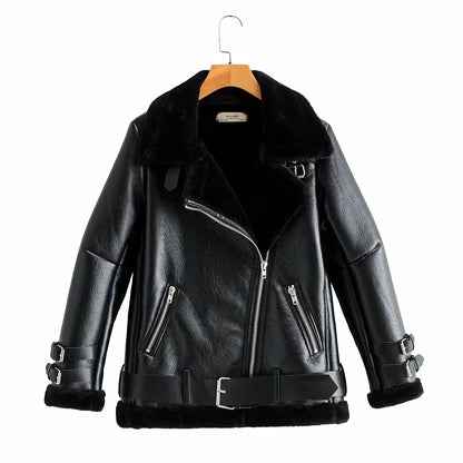 Warm faux leather jacket with plush faux fur lining, available in classic British colours for autumn and winter wear.