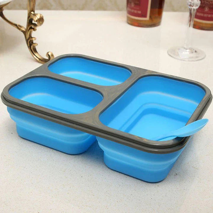 Collapsible silicone lunch box in orange colour, featuring a leakproof design and 1100ml capacity for on-the-go meals.