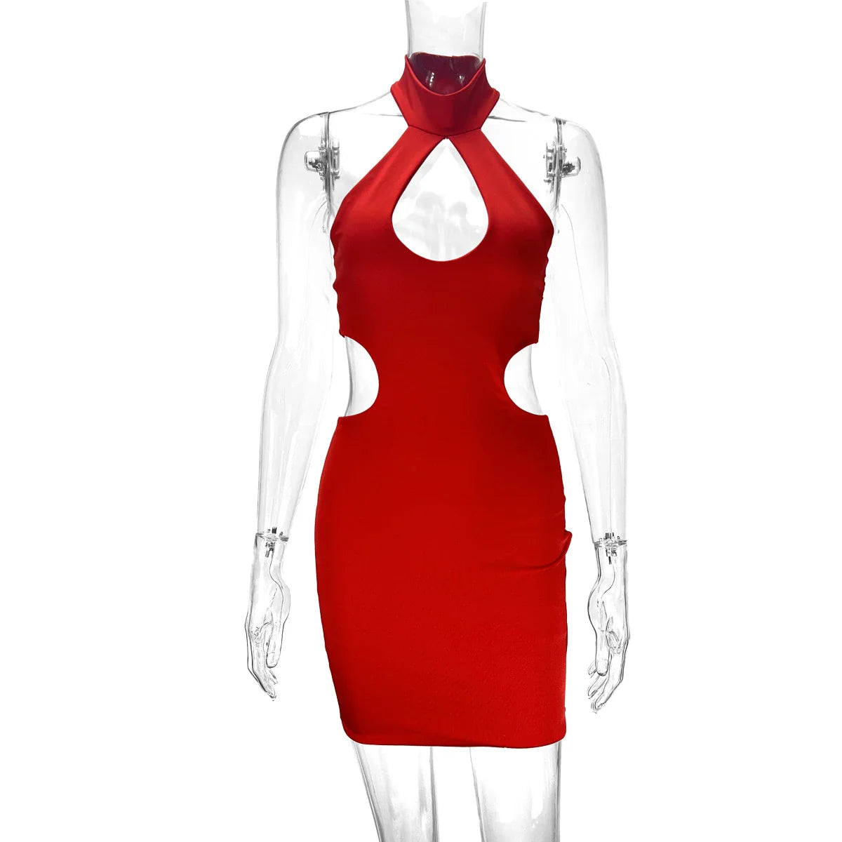 A chic backless halter dress made from premium milk silk with cut-outs at the hips, perfect for formal or semi-formal events.
