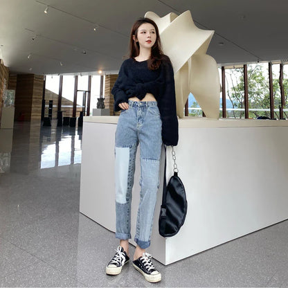 Premium high-waisted straight-leg denim trousers in light blue for autumn fashion