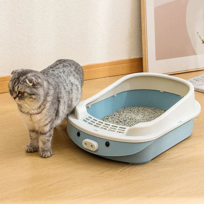 Oversized semi-enclosed cat litter box in Haze Blue colour, featuring high sides and covered top for enhanced privacy and litter containment