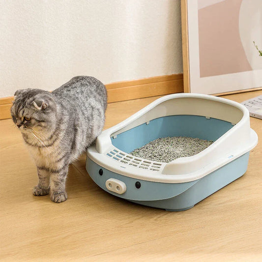 Oversized semi-enclosed cat litter box in Haze Blue colour, featuring high sides and covered top for enhanced privacy and litter containment