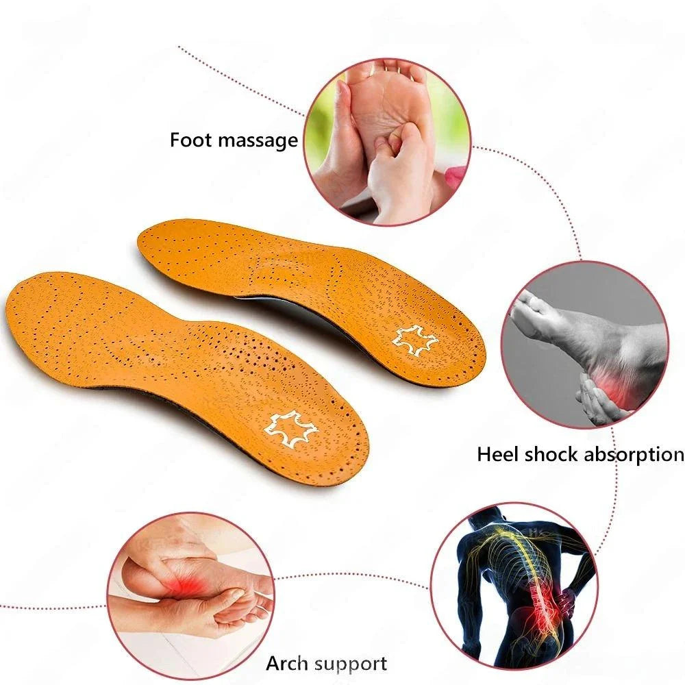 Premium orthopaedic leather insoles with 3D design for superior arch support and foot comfort
