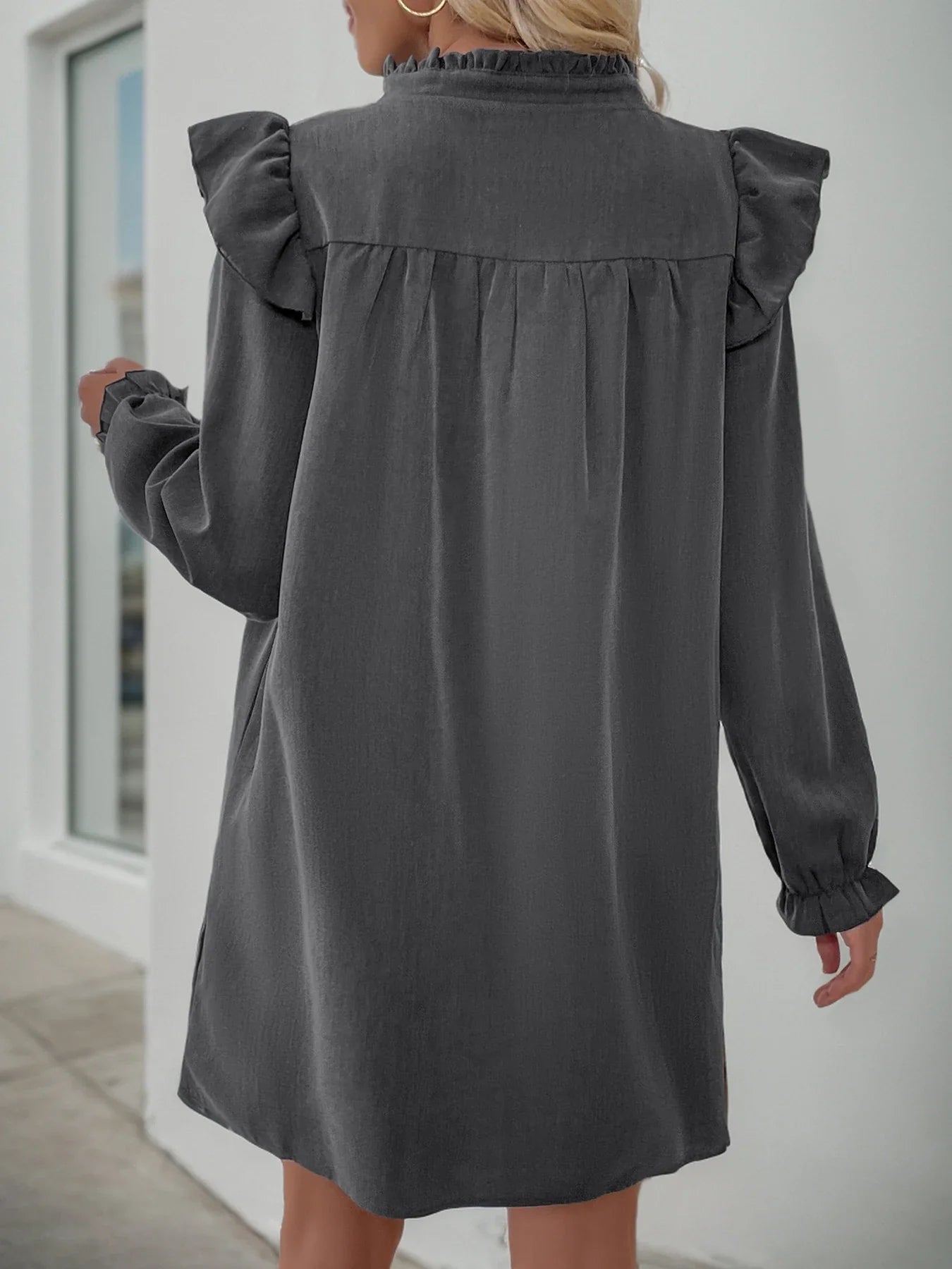 Elegant ruffled long sleeve dress in dark gray with loose lapel design for versatile British women's fashion