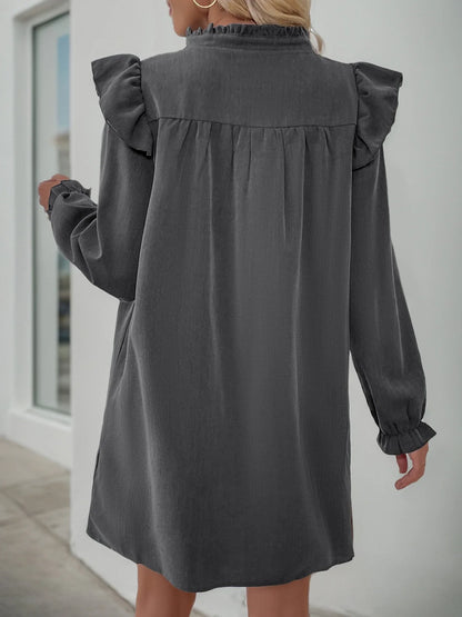 Elegant ruffled long sleeve dress in dark gray with loose lapel design for versatile British women's fashion