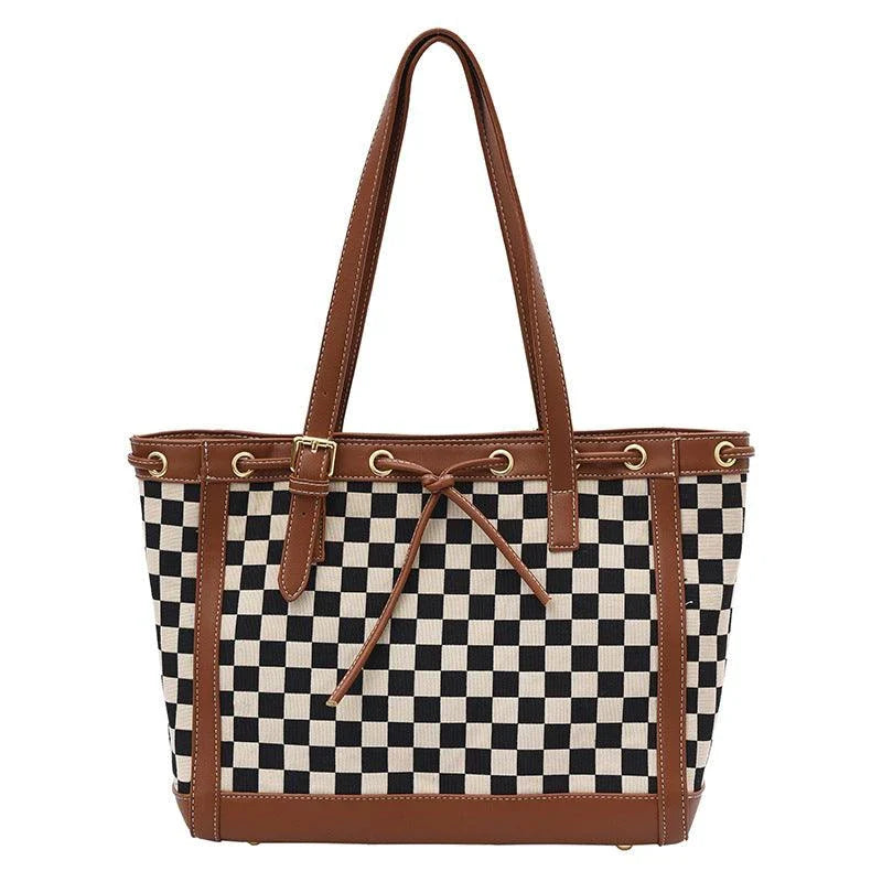 Stylish contrast colour tote bag with chic checkerboard design, made from premium PU leather for durability and versatility
