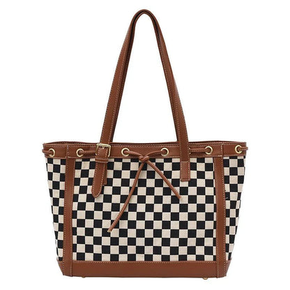 Stylish contrast colour tote bag with chic checkerboard design, made from premium PU leather for durability and versatility