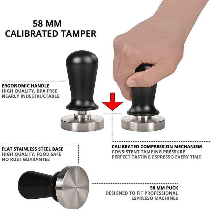 Premium stainless steel coffee tamper with ergonomic design and variety of size options for baristas and coffee enthusiasts