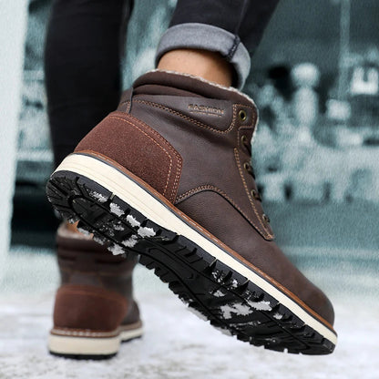 A pair of warm, comfortable men's winter boots with a plush lining and lace-up design, suitable for cold weather wear.