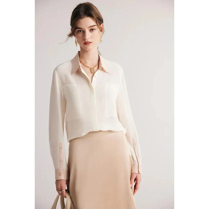 Refined Mulberry Silk Crepe de Chine Blouse in White, Ivory, Navy, and Black colours, featuring elegant patchwork design and turn-down collar for versatile office and casual wear.