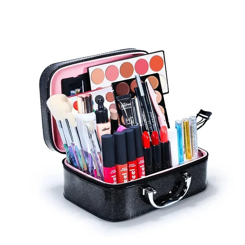 Premium makeup essentials set for novice beauty enthusiasts, including foundation, eyeshadow, lipstick, and other cosmetic products in natural, neutral shades