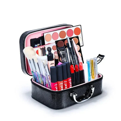 Premium makeup essentials set for novice beauty enthusiasts, including foundation, eyeshadow, lipstick, and other cosmetic products in natural, neutral shades