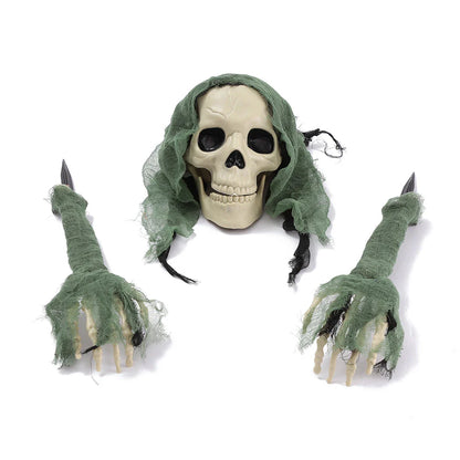 Three decorative plastic skull figures in green, red, and grey colours, perfect for Halloween home decor
