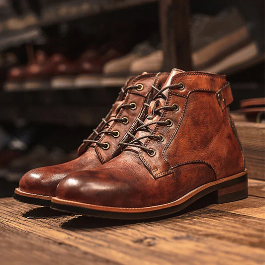 Stylish khaki Martin boots with a camouflage pattern, perfect for the modern British gentleman