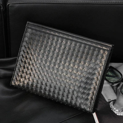 Premium hand-woven black leather briefcase with multiple pockets and adjustable shoulder strap