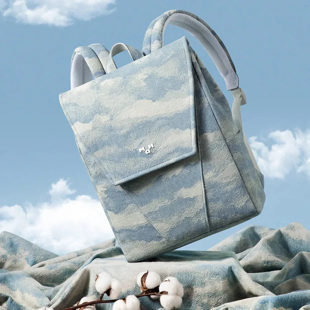 Denim Jacquard Backpack with Corrugated Print Pattern and Ample Storage Compartments