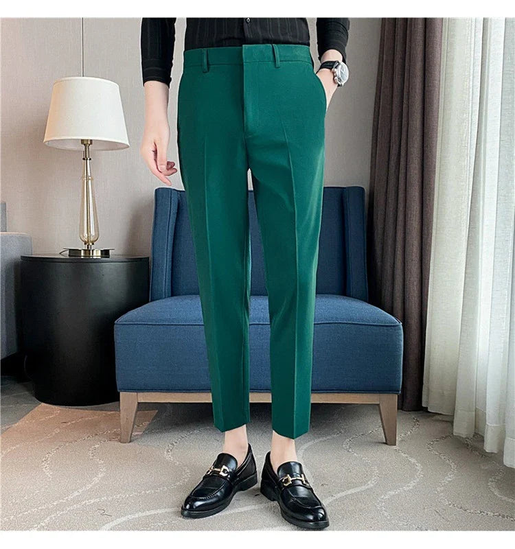Premium men's suit trousers in a variety of colours, featuring a subtle textured drape and exceptional stretch for all-day comfort and style.