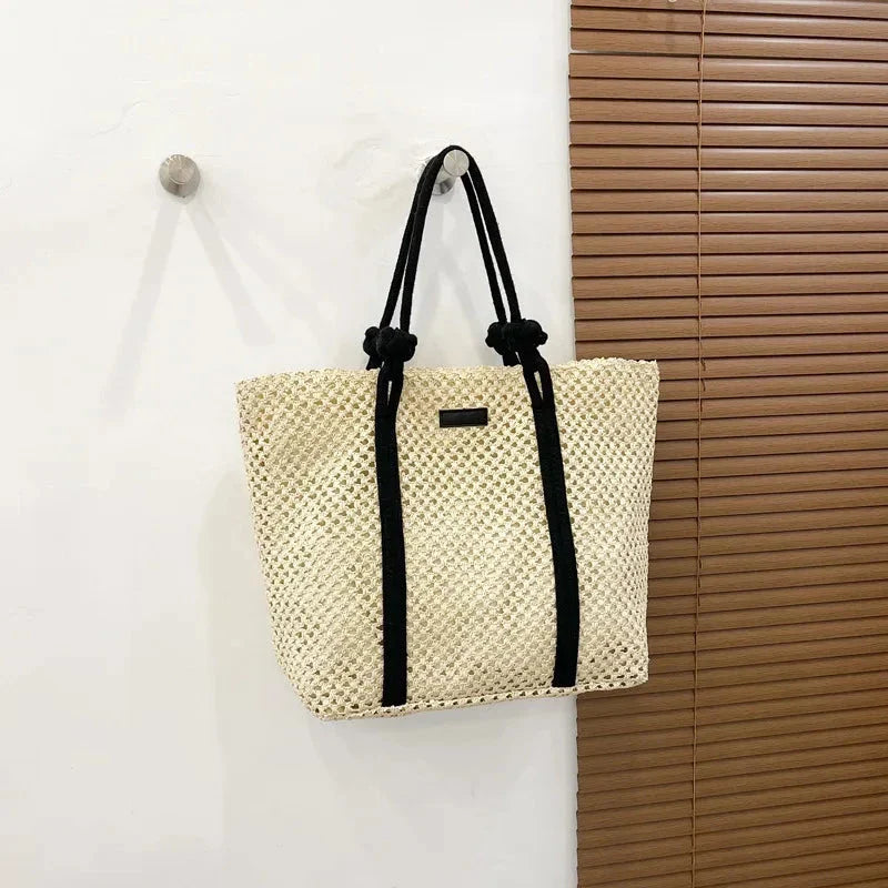 Premium large capacity woven straw beach tote in beige colour with stylish knitted pattern