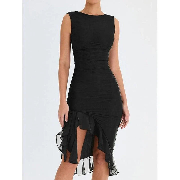 Elegant backless midi dress with ruffled tiers and sleeveless design, perfect for British women's fashion